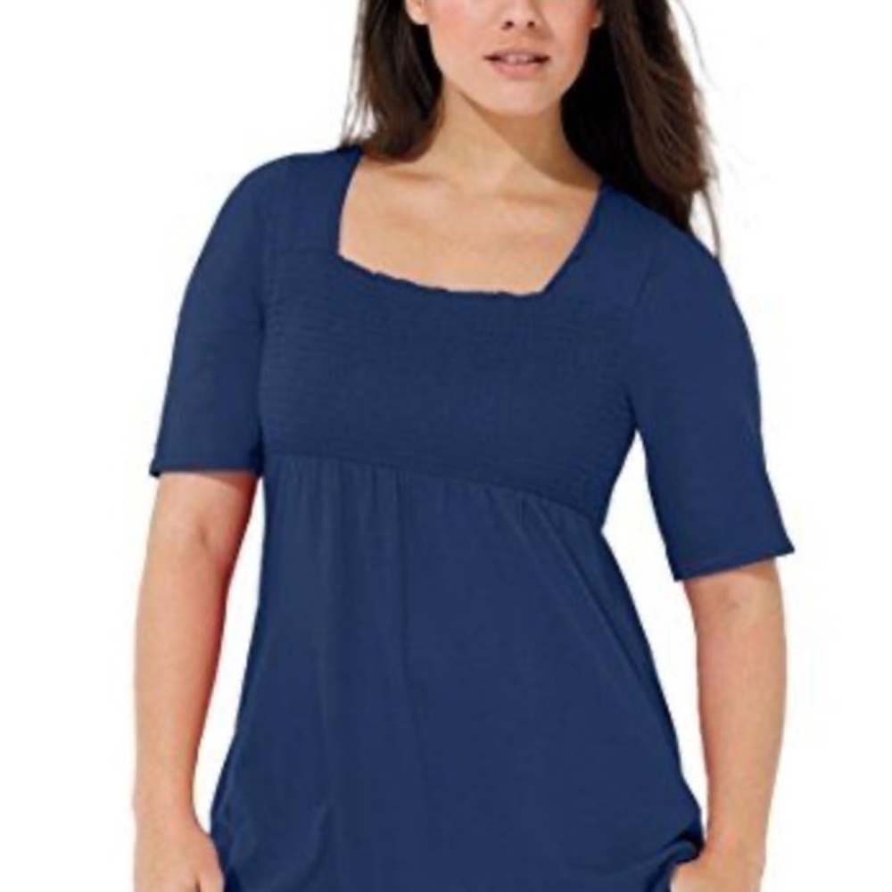 Ellos smocked front short sleeve navy blue shirt‎ large 18/20